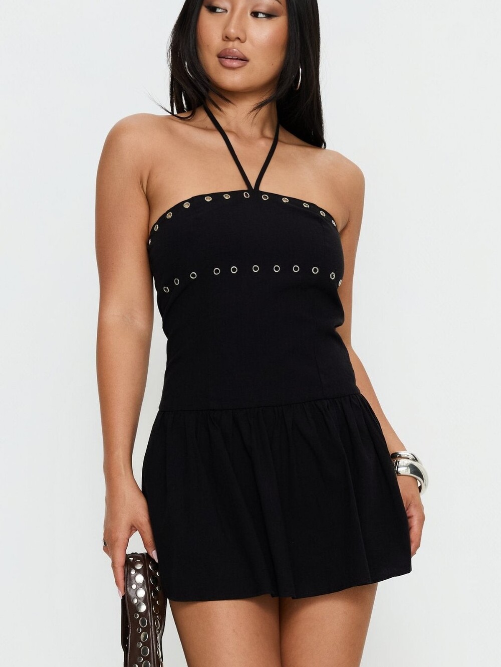 Princess Polly Nidia Eyelet Tie Neck Romper Whimsigoth Size 6 Black